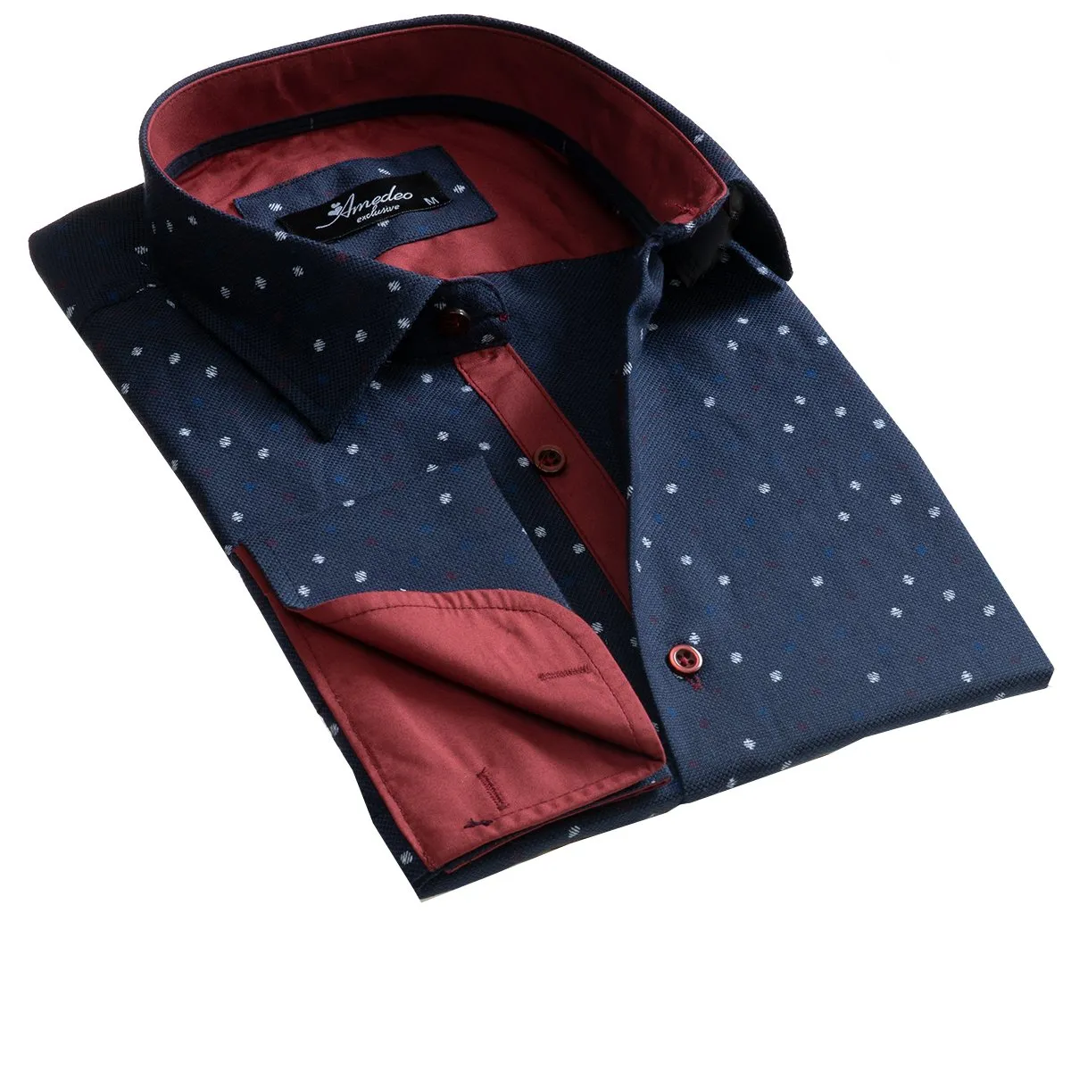 Dark Blue Mens Slim Fit French Cuff Shirts with Cufflink Holes -