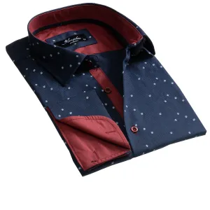 Dark Blue Mens Slim Fit French Cuff Shirts with Cufflink Holes -