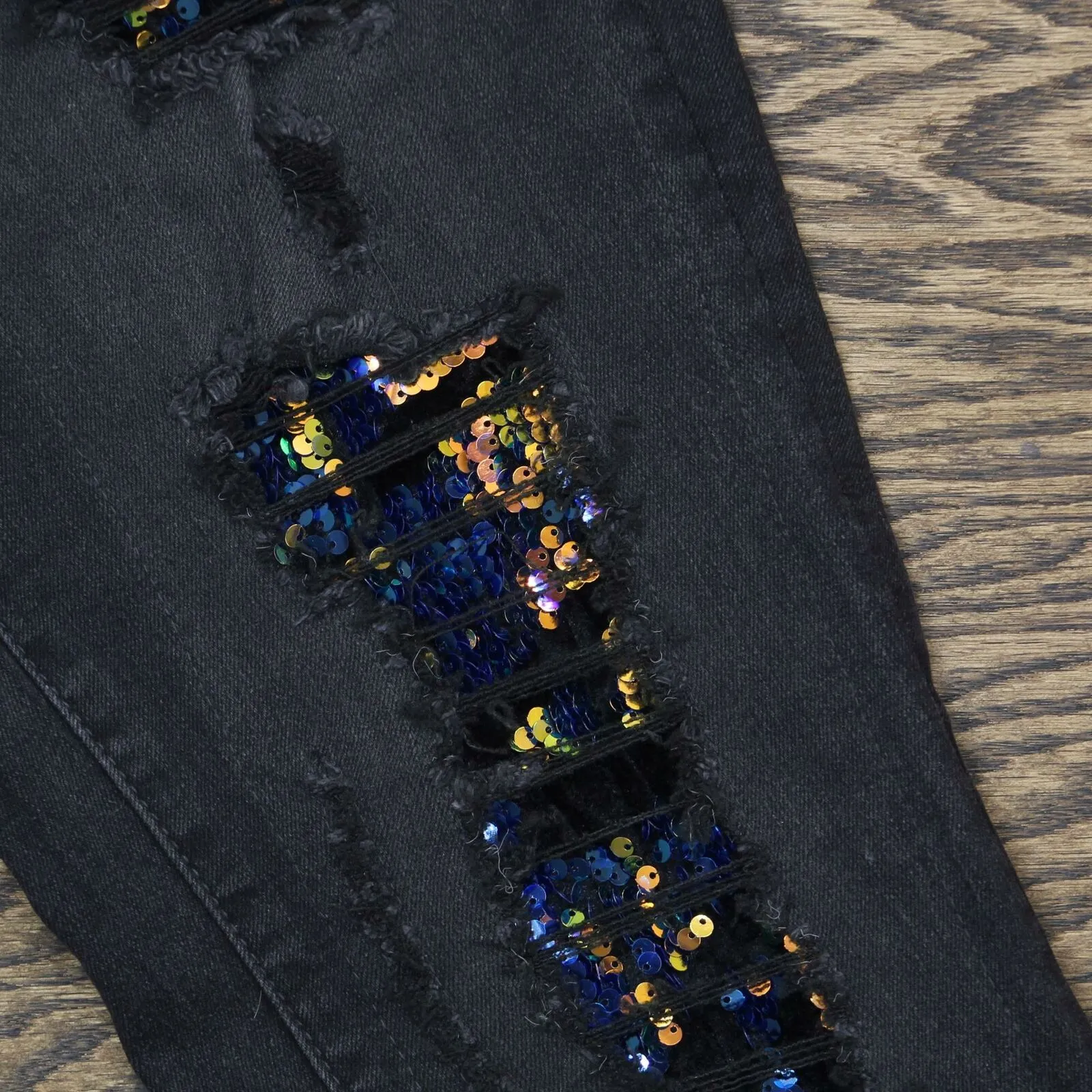 DG2 by Diane Gilman Women's Destructed Sequin Patched Skinny Jeans