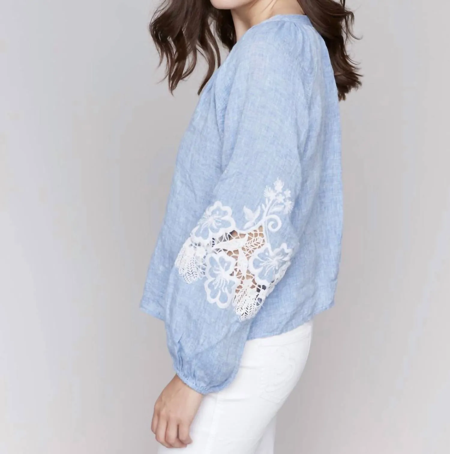 Embroidered Sleeve Blouse In Chambray Blue