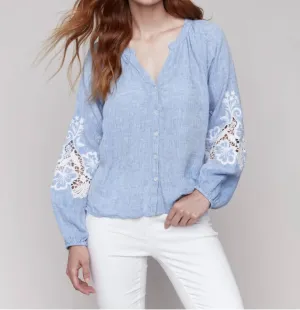 Embroidered Sleeve Blouse In Chambray Blue