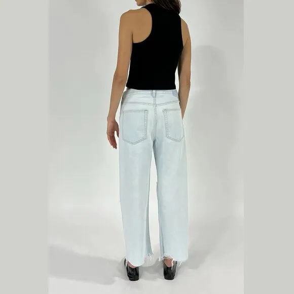 Etica | Light Wash Loose Fit Medium Rise Cropped Jeans W/ Distress Tattered Hem