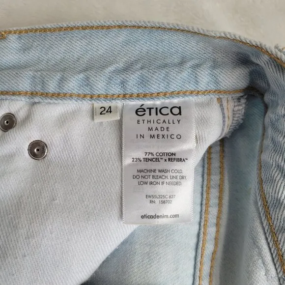 Etica | Light Wash Loose Fit Medium Rise Cropped Jeans W/ Distress Tattered Hem