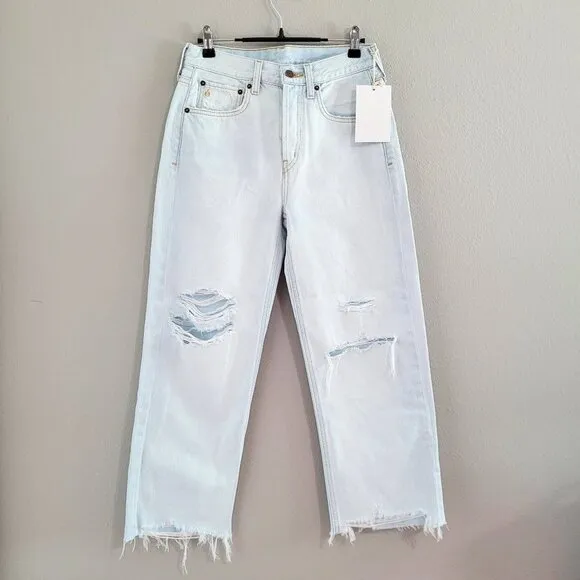 Etica | Light Wash Loose Fit Medium Rise Cropped Jeans W/ Distress Tattered Hem
