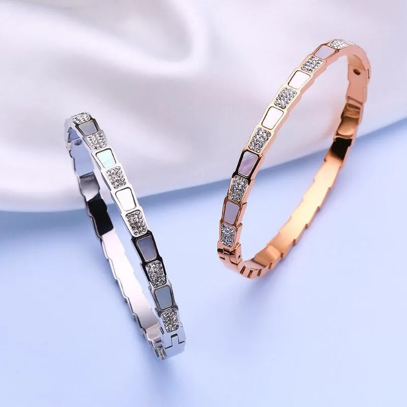 Excellent Quality Stainless Steel CZ Crystals With White Shell Bracelets For Women Men Luxury Trendy Snake Bangle Jewelry Gift
