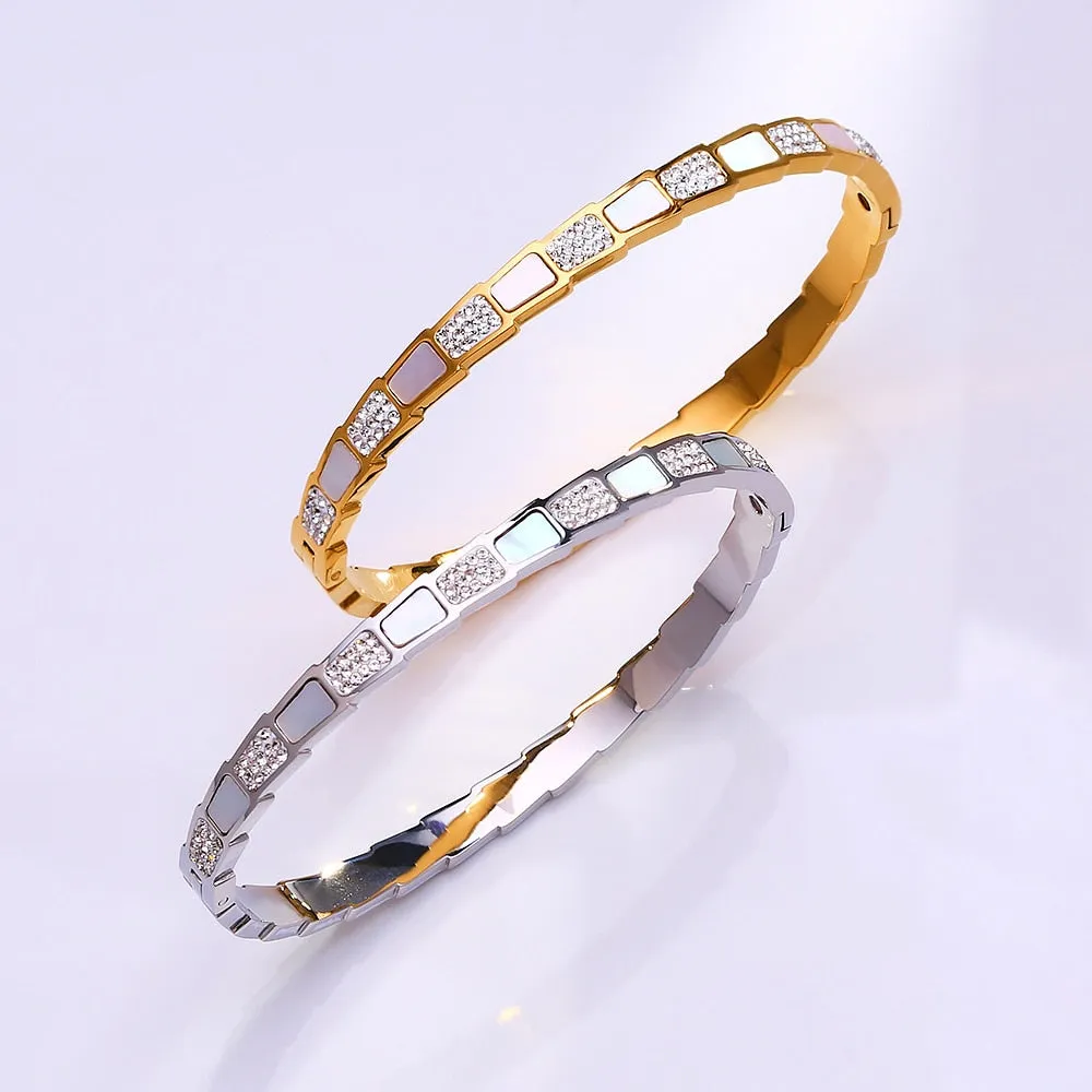 Excellent Quality Stainless Steel CZ Crystals With White Shell Bracelets For Women Men Luxury Trendy Snake Bangle Jewelry Gift