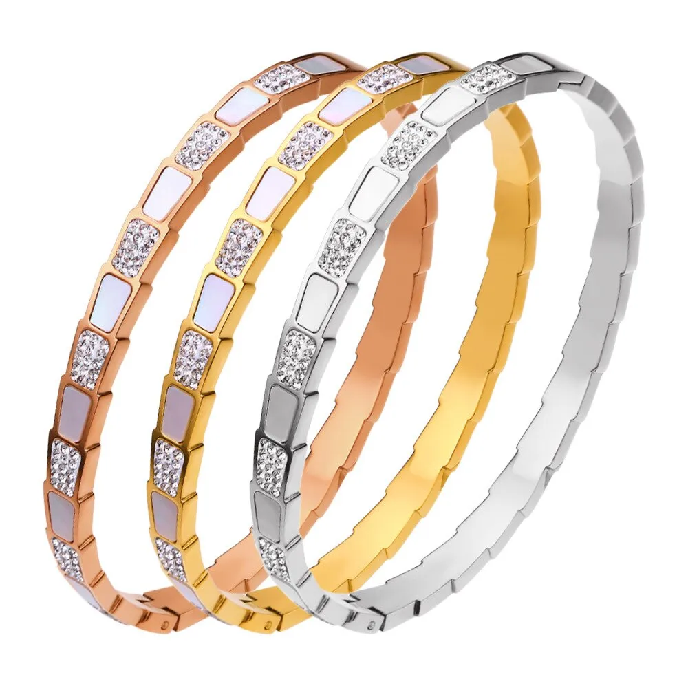 Excellent Quality Stainless Steel CZ Crystals With White Shell Bracelets For Women Men Luxury Trendy Snake Bangle Jewelry Gift