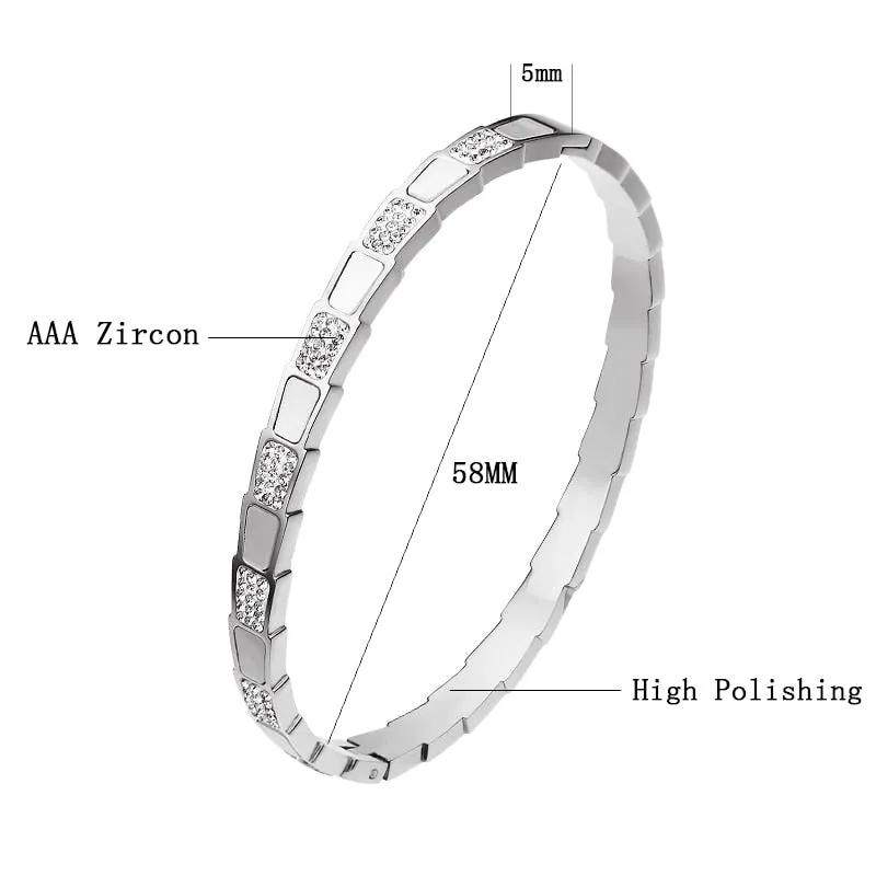 Excellent Quality Stainless Steel CZ Crystals With White Shell Bracelets For Women Men Luxury Trendy Snake Bangle Jewelry Gift