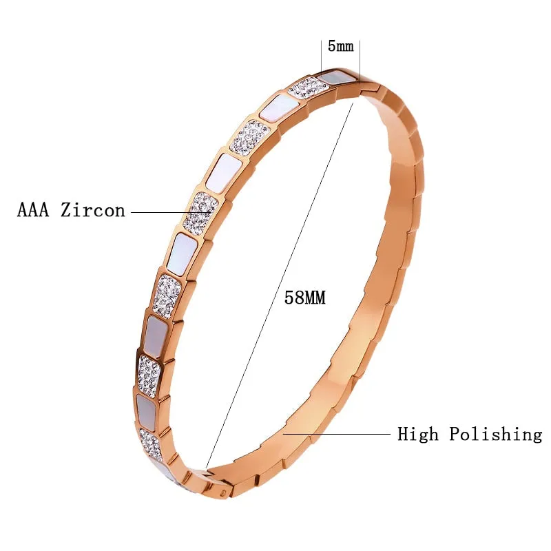 Excellent Quality Stainless Steel CZ Crystals With White Shell Bracelets For Women Men Luxury Trendy Snake Bangle Jewelry Gift