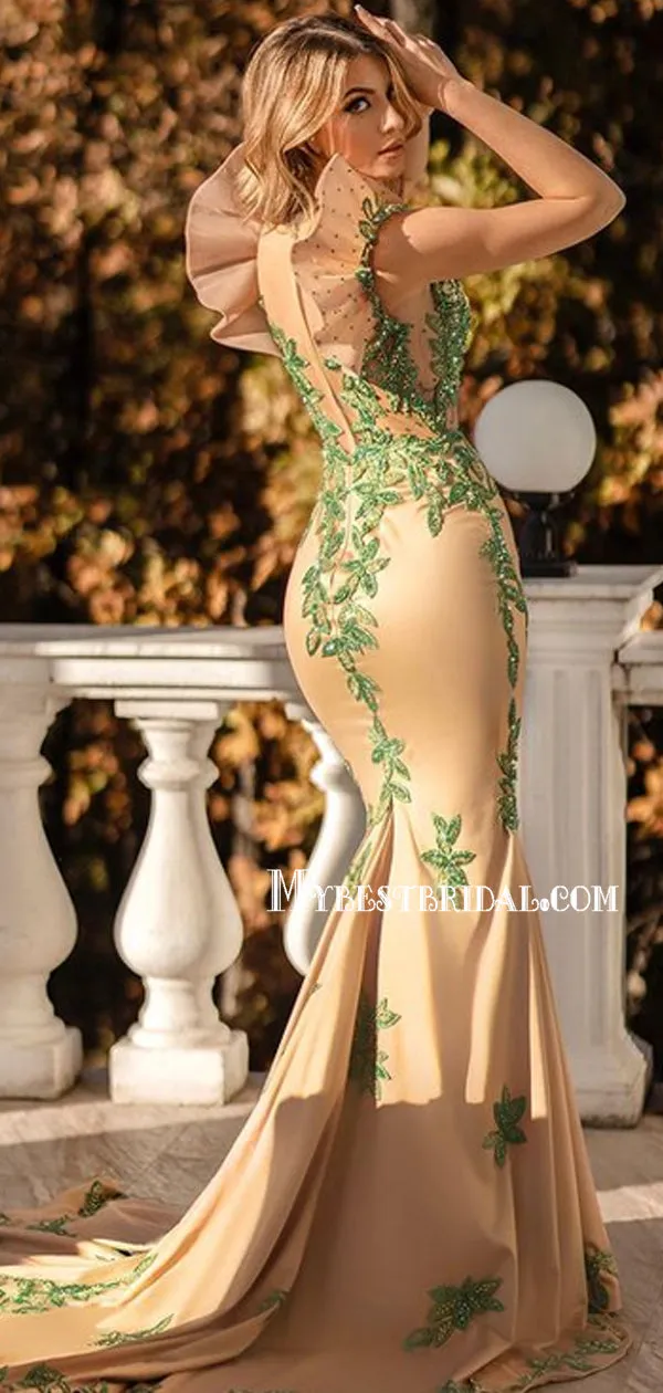 Fashion V-neck Mermaid Appliques Long Prom Dresses With Train, PDS0199