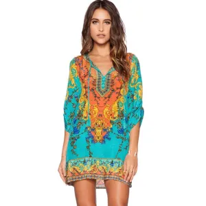Fashion Vintage Women Dress Floral Print V-Neck Half Sleeve Chiffon Loose Mini Summer Dresses Vestidos