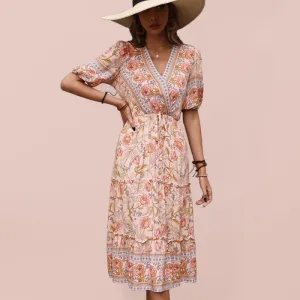 Floral Print Midi Dress with V-Neck and Tiered Skirt