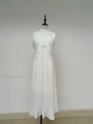 Flower Embroidered White Lace Prom Dress Women Summer Sleeveless Tank Pleated Midi Long Wedding Party Chiffon Dress