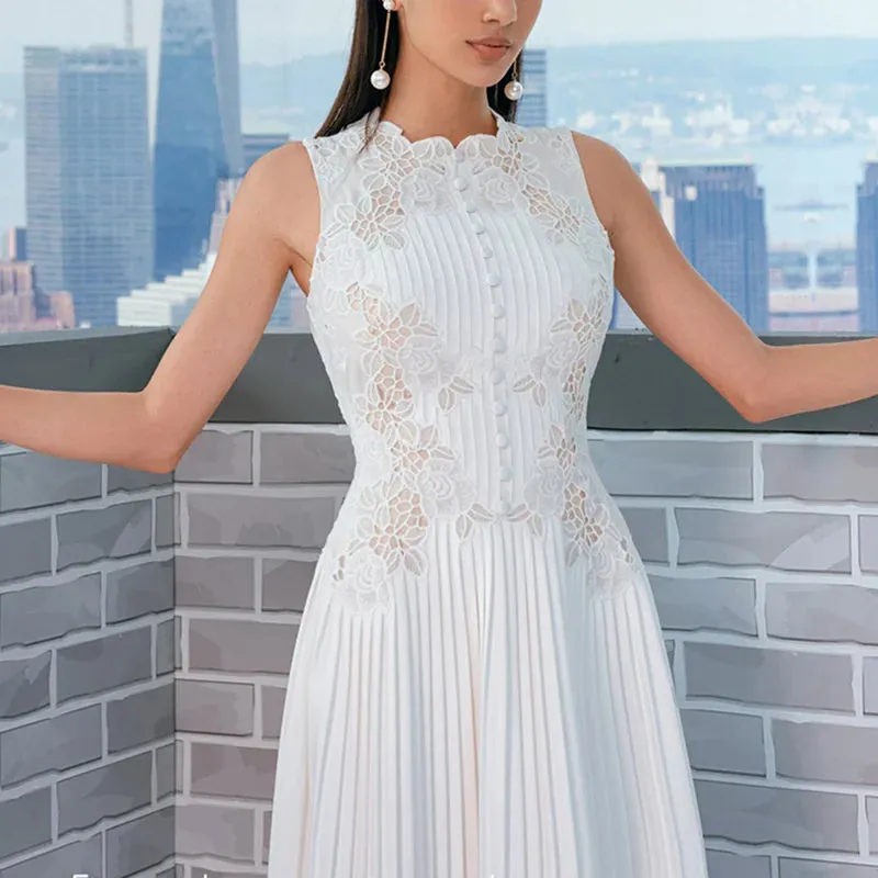 Flower Embroidered White Lace Prom Dress Women Summer Sleeveless Tank Pleated Midi Long Wedding Party Chiffon Dress