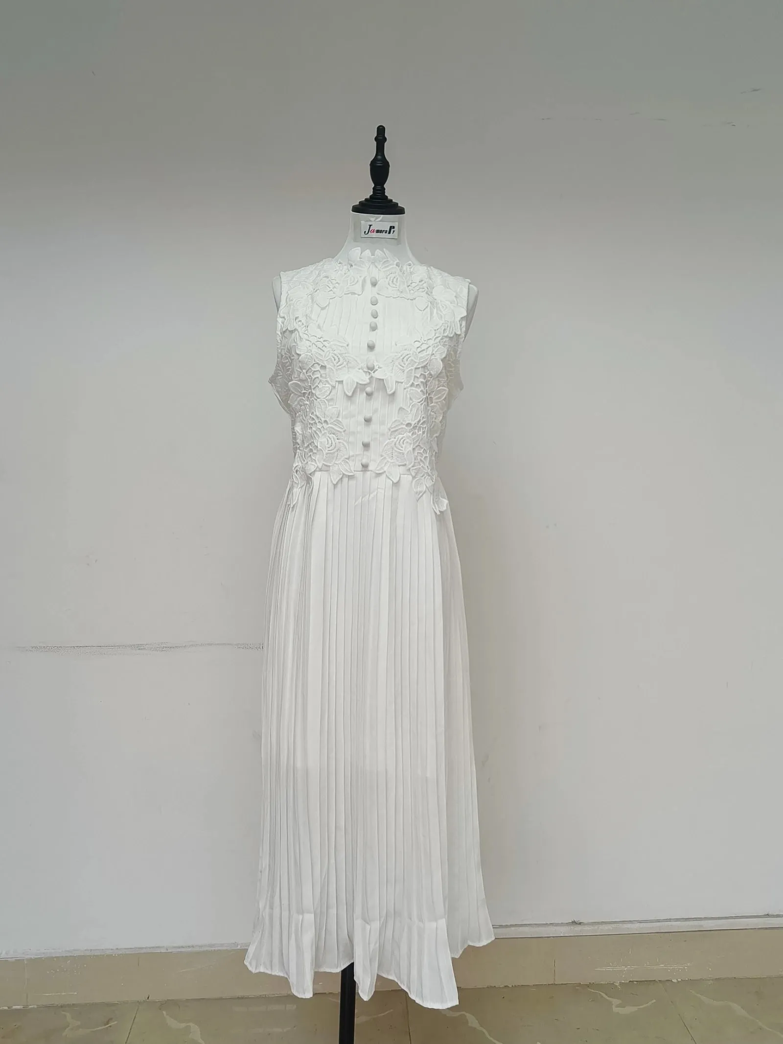 Flower Embroidered White Lace Prom Dress Women Summer Sleeveless Tank Pleated Midi Long Wedding Party Chiffon Dress
