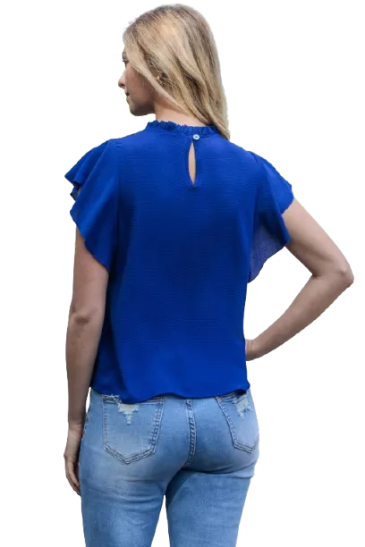 Fold Frill Neckline Butterfly Sleeve Solid Top Royal New - Pack of 6