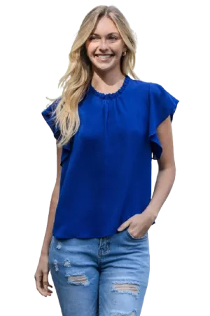 Fold Frill Neckline Butterfly Sleeve Solid Top Royal New - Pack of 6