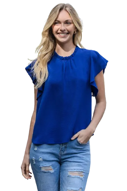Fold Frill Neckline Butterfly Sleeve Solid Top Royal New - Pack of 6