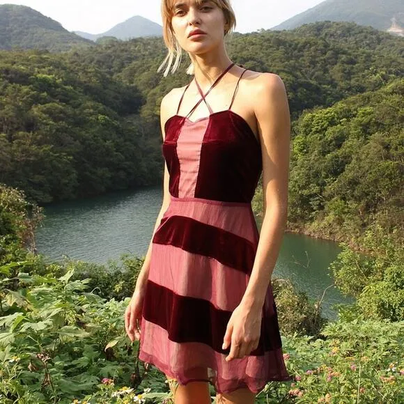 Foxiedox Dante Velvet &amp; Gauze Wine Mini Dress NEW
