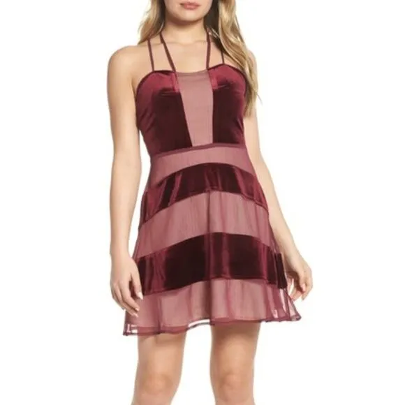 Foxiedox Dante Velvet &amp; Gauze Wine Mini Dress NEW