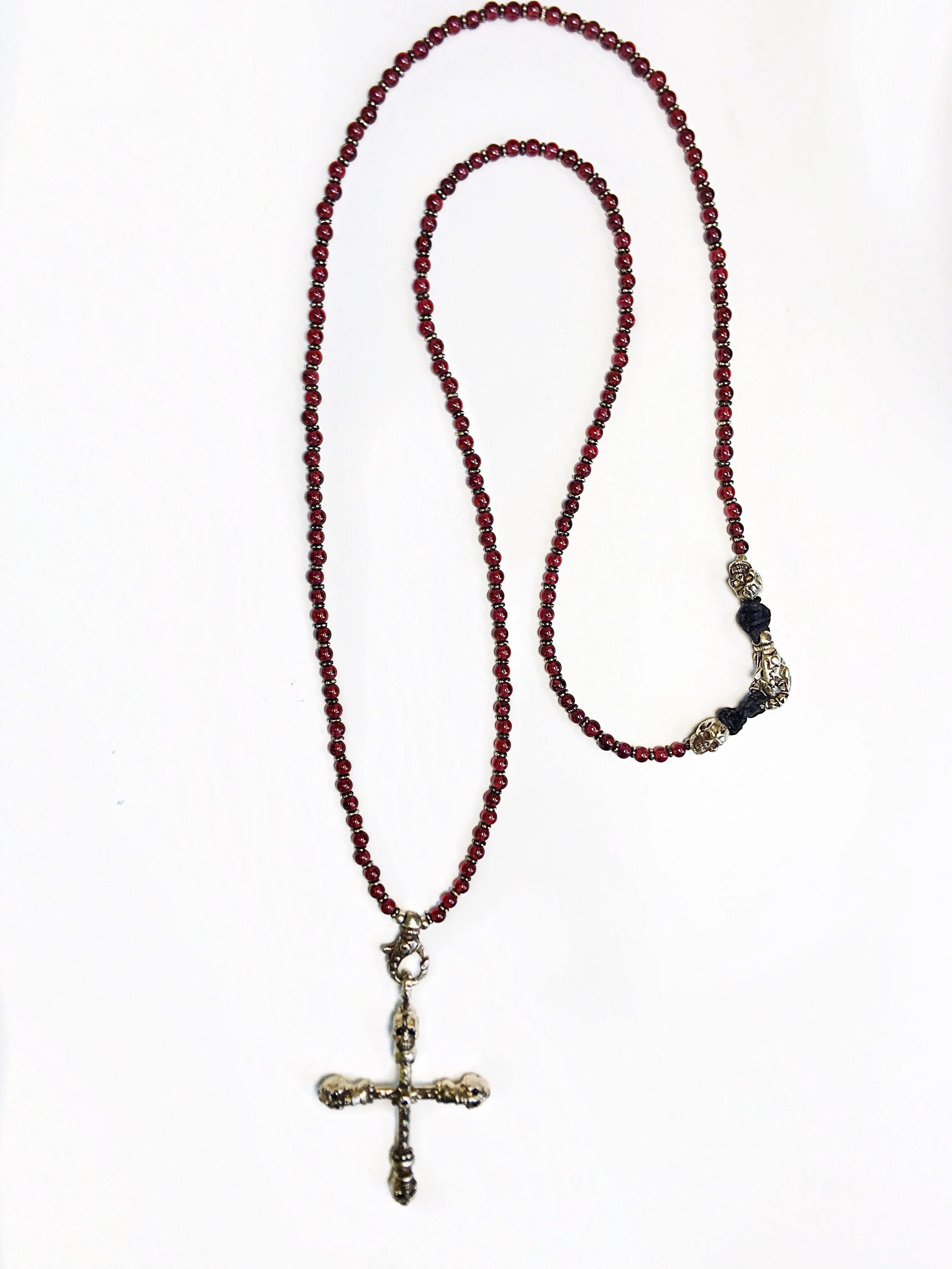 Garnet and Silver Skull Cross Necklace