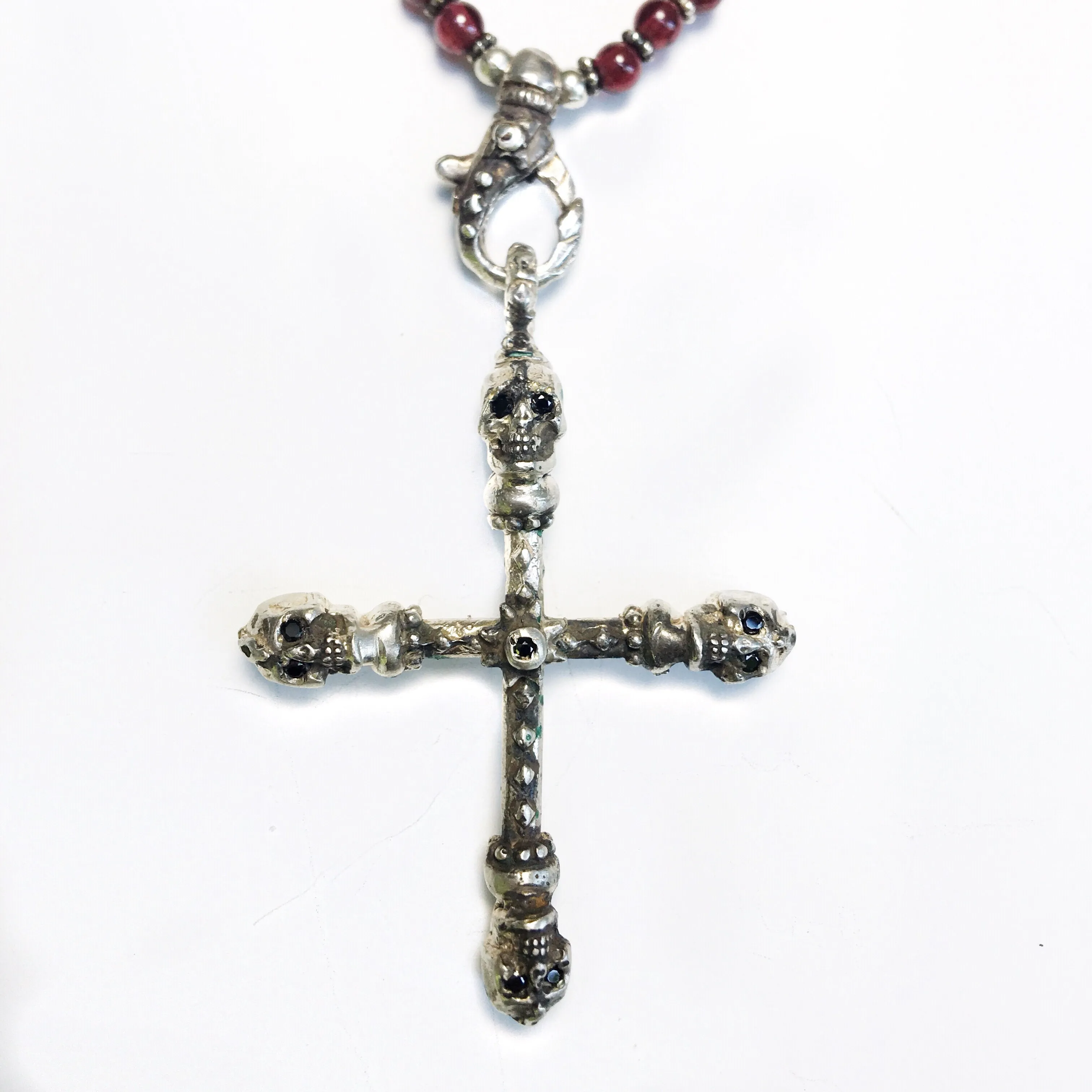Garnet and Silver Skull Cross Necklace