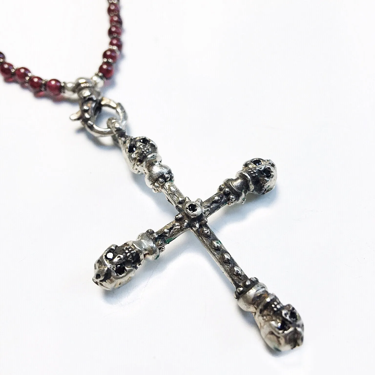 Garnet and Silver Skull Cross Necklace