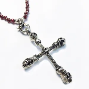 Garnet and Silver Skull Cross Necklace