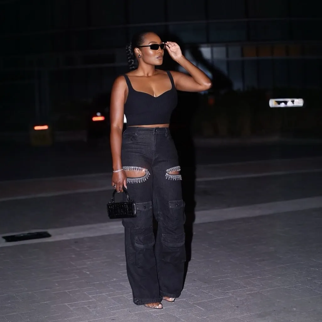 Glamorous Rhinestone Hollow-Out Wide-Leg Cargo Jeans