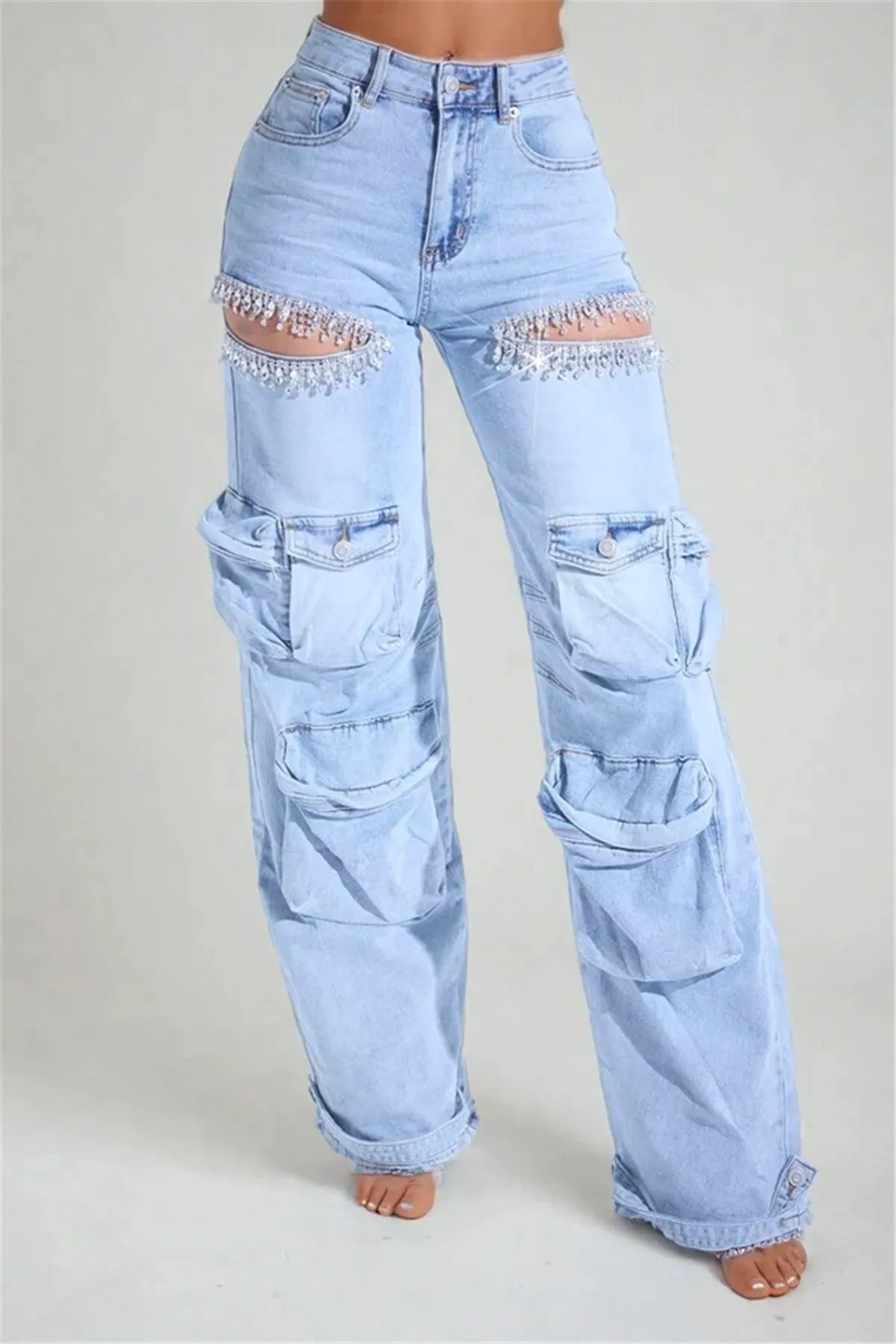 Glamorous Rhinestone Hollow-Out Wide-Leg Cargo Jeans