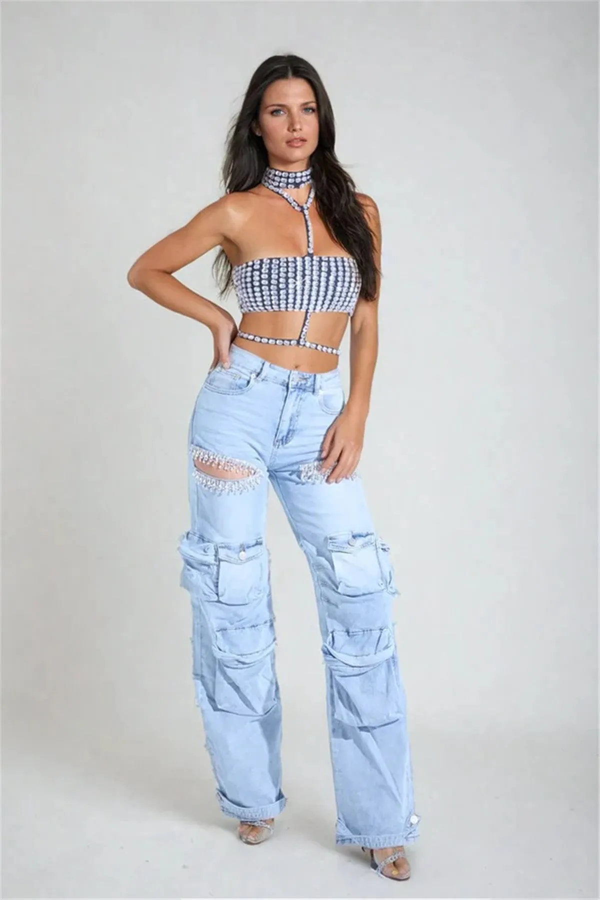 Glamorous Rhinestone Hollow-Out Wide-Leg Cargo Jeans