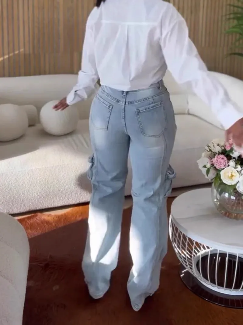 Glamorous Rhinestone Hollow-Out Wide-Leg Cargo Jeans
