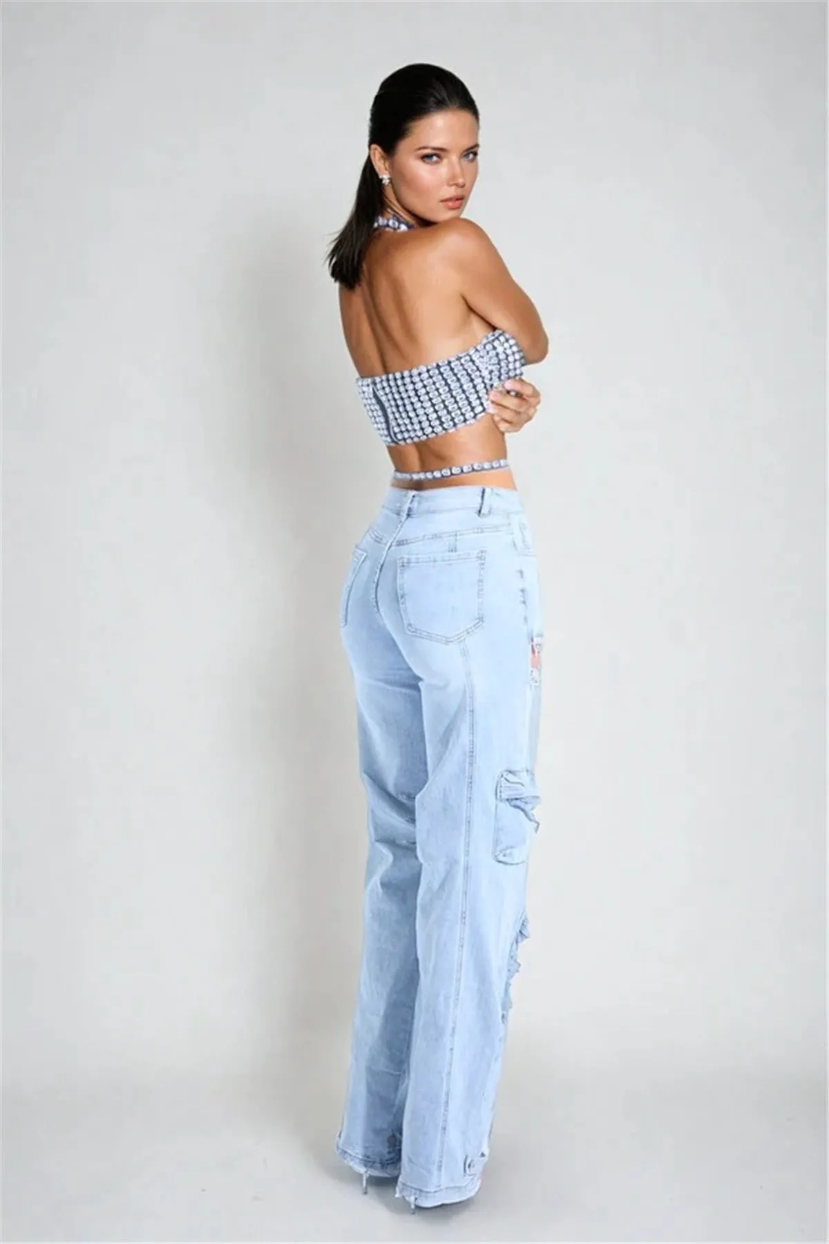 Glamorous Rhinestone Hollow-Out Wide-Leg Cargo Jeans