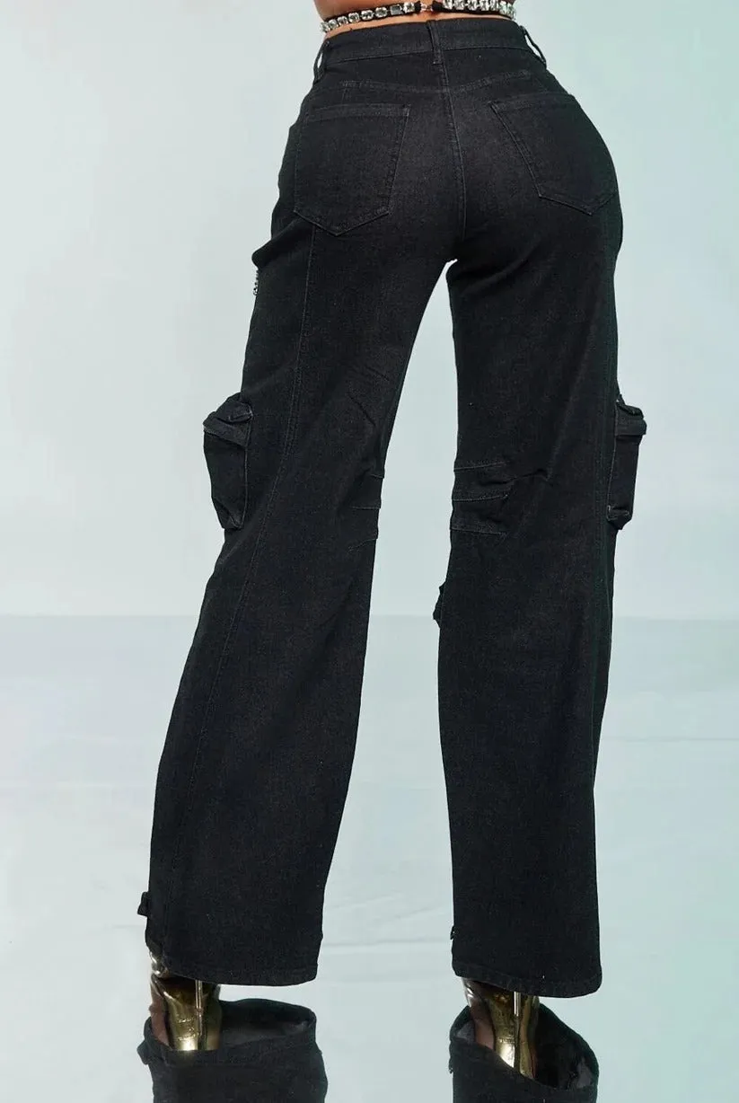 Glamorous Rhinestone Hollow-Out Wide-Leg Cargo Jeans