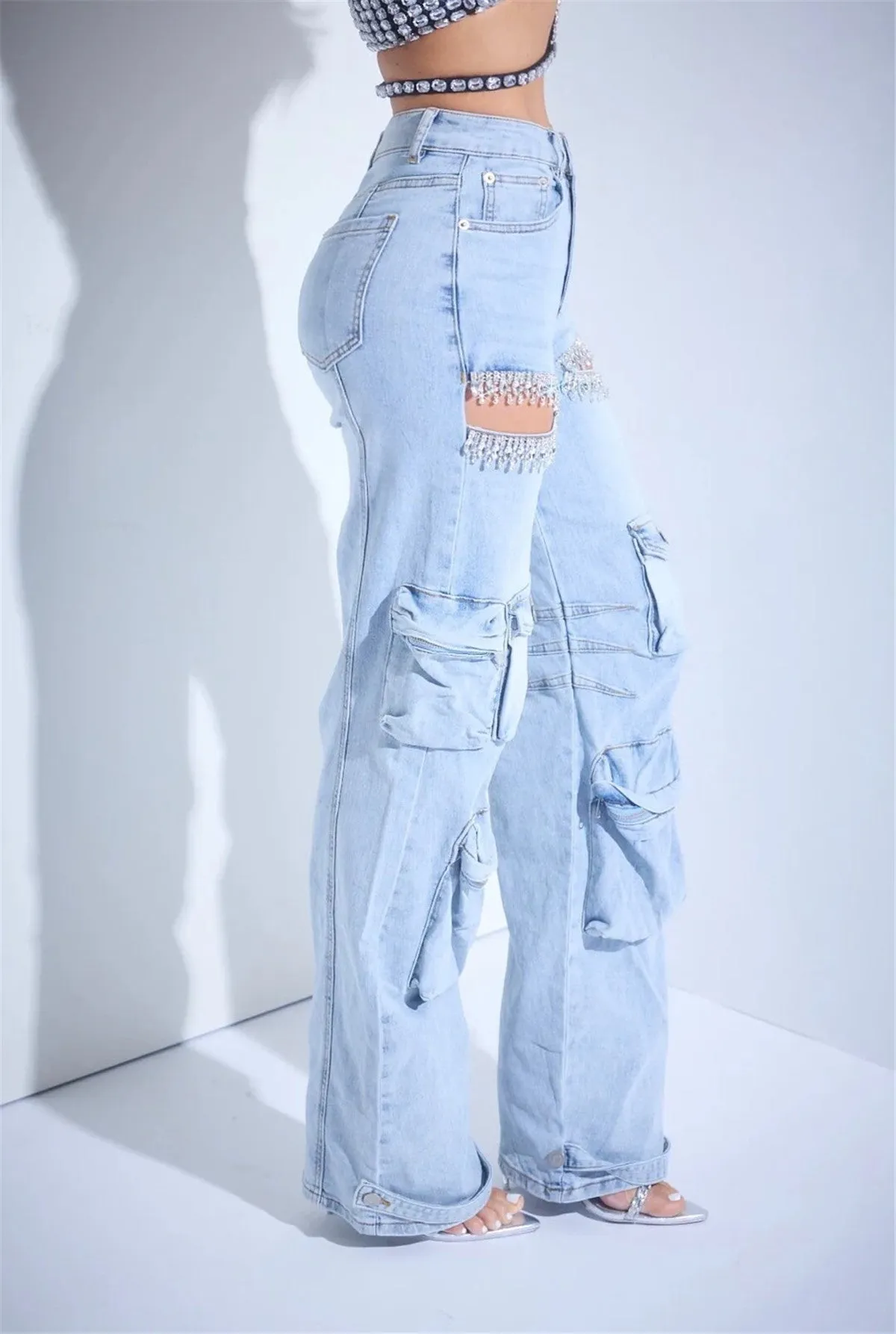 Glamorous Rhinestone Hollow-Out Wide-Leg Cargo Jeans