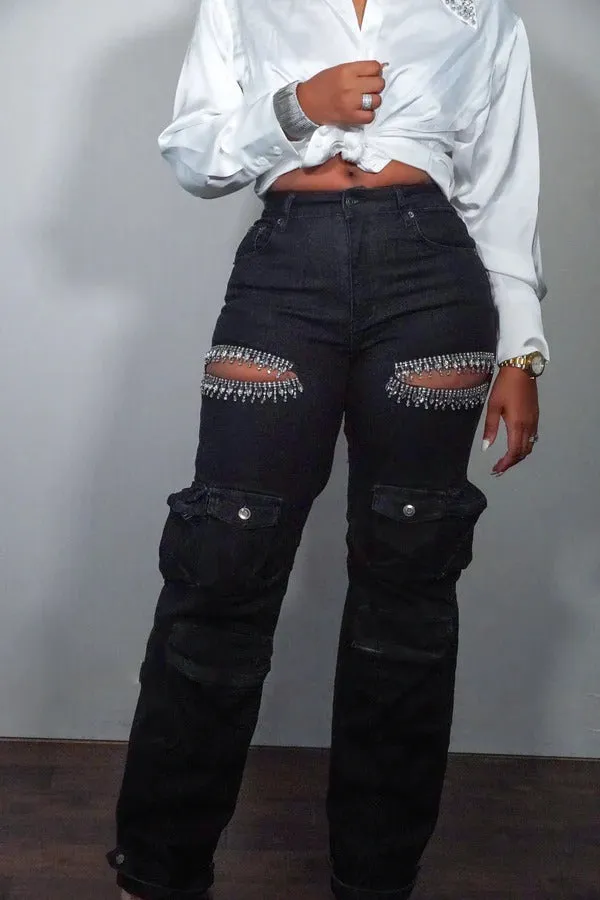 Glamorous Rhinestone Hollow-Out Wide-Leg Cargo Jeans