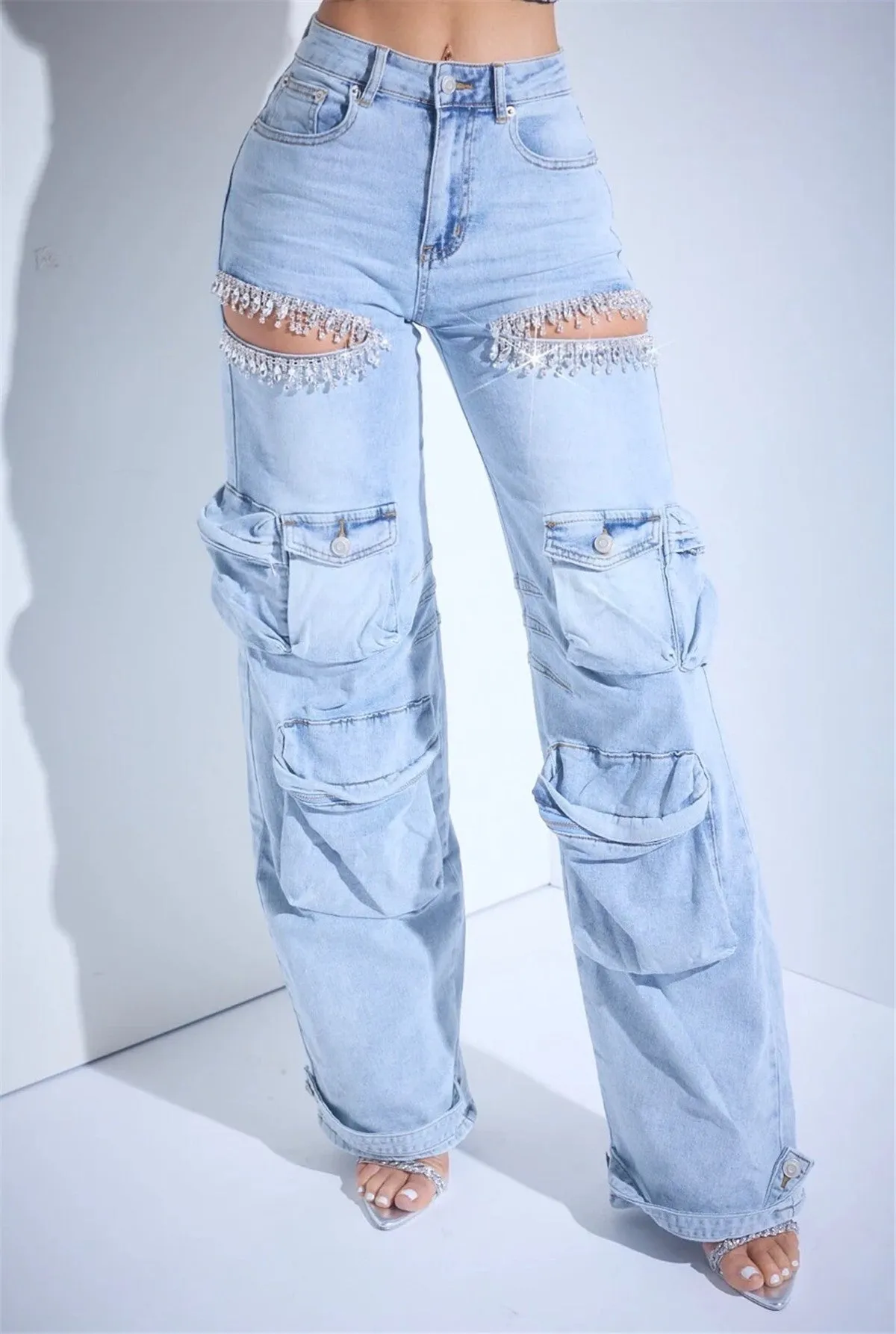 Glamorous Rhinestone Hollow-Out Wide-Leg Cargo Jeans