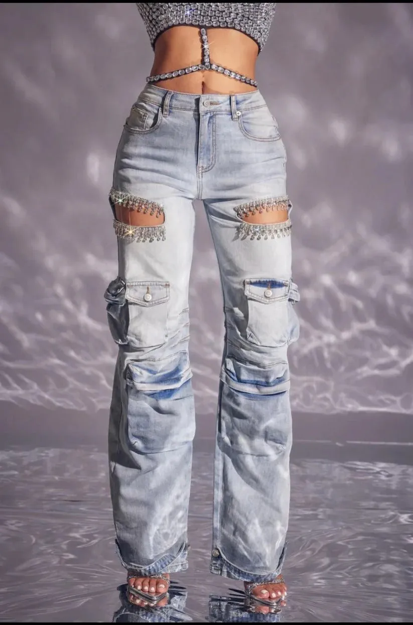 Glamorous Rhinestone Hollow-Out Wide-Leg Cargo Jeans