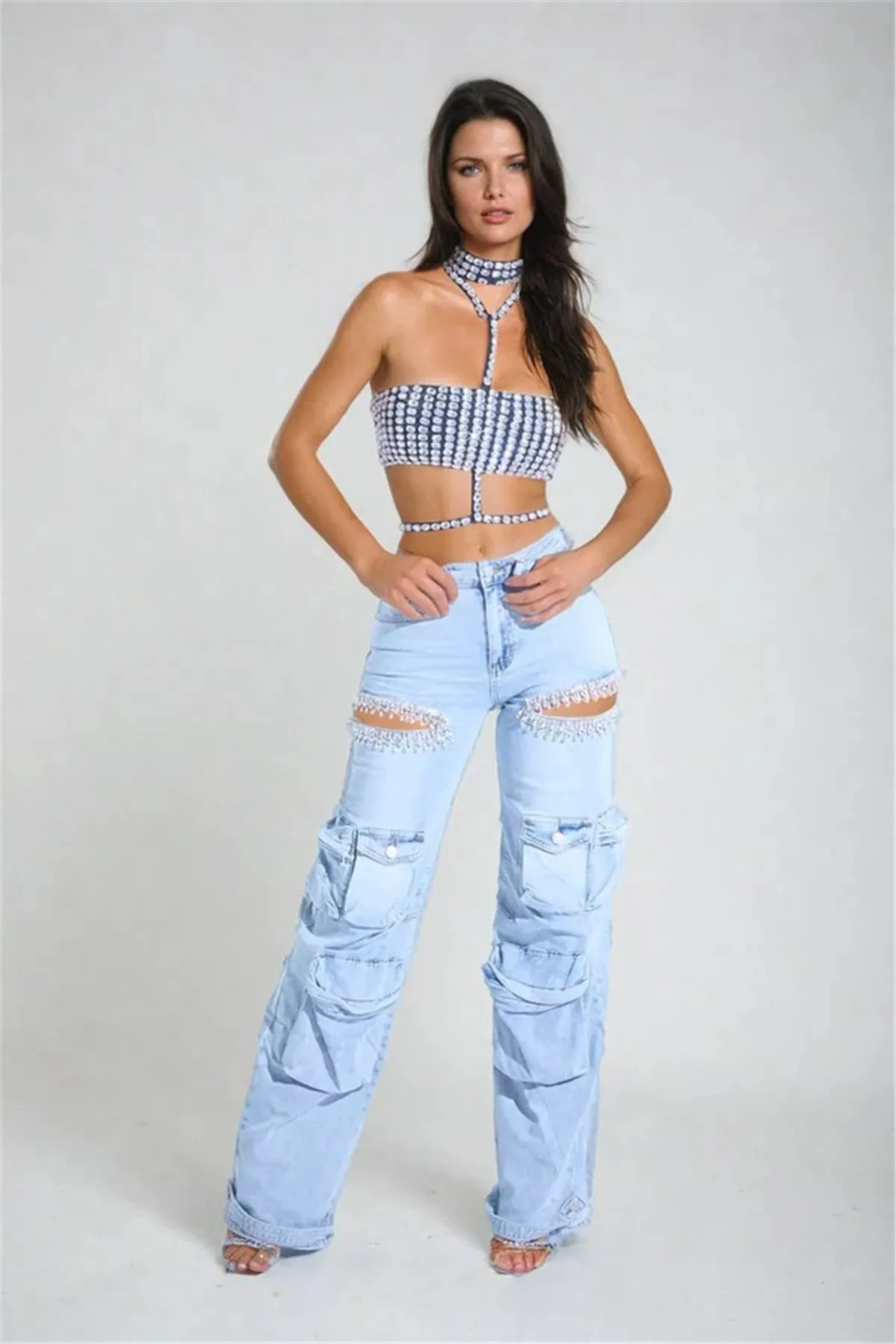 Glamorous Rhinestone Hollow-Out Wide-Leg Cargo Jeans