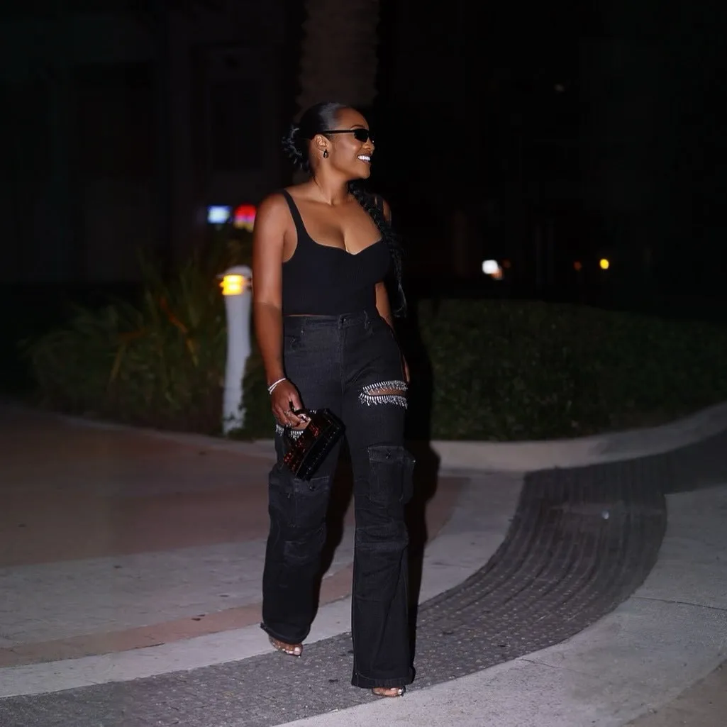 Glamorous Rhinestone Hollow-Out Wide-Leg Cargo Jeans