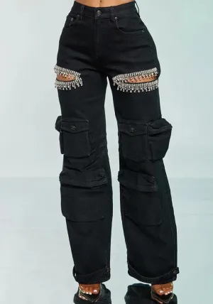 Glamorous Rhinestone Hollow-Out Wide-Leg Cargo Jeans