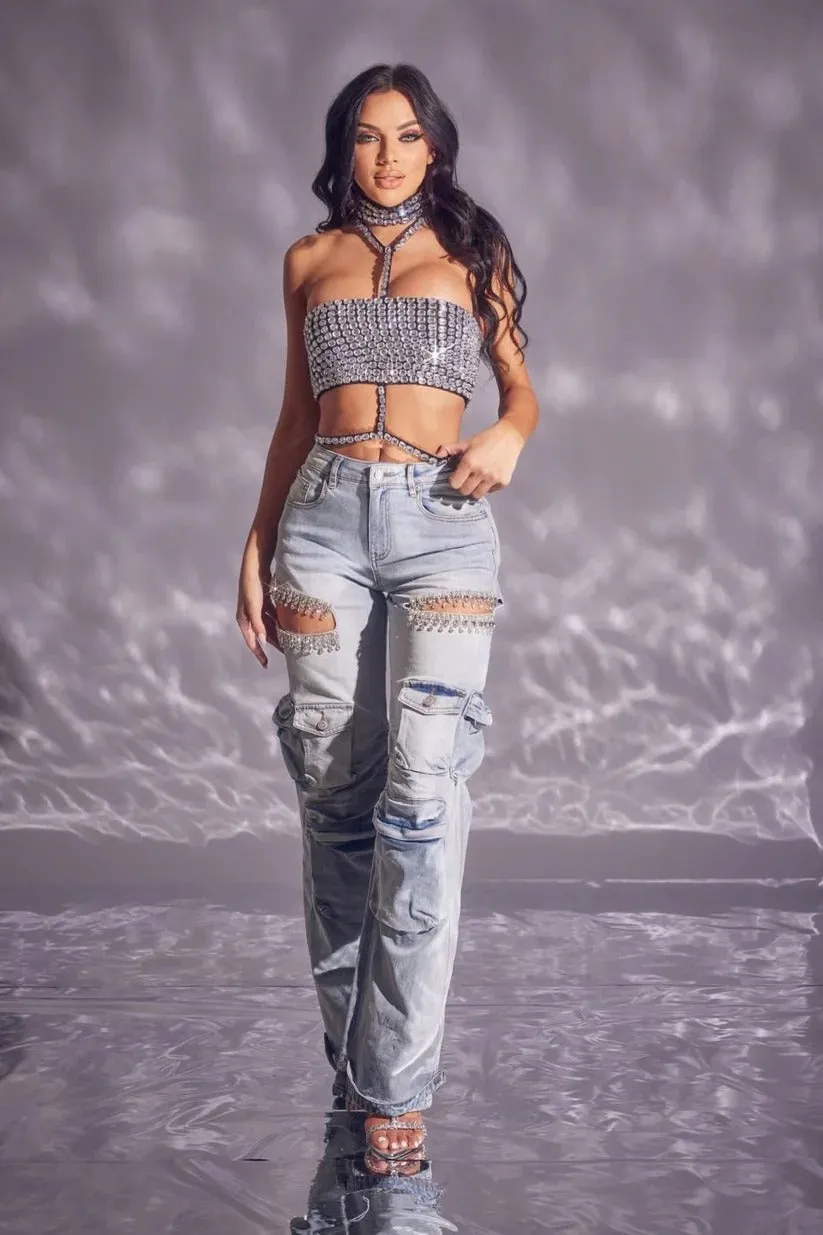 Glamorous Rhinestone Hollow-Out Wide-Leg Cargo Jeans