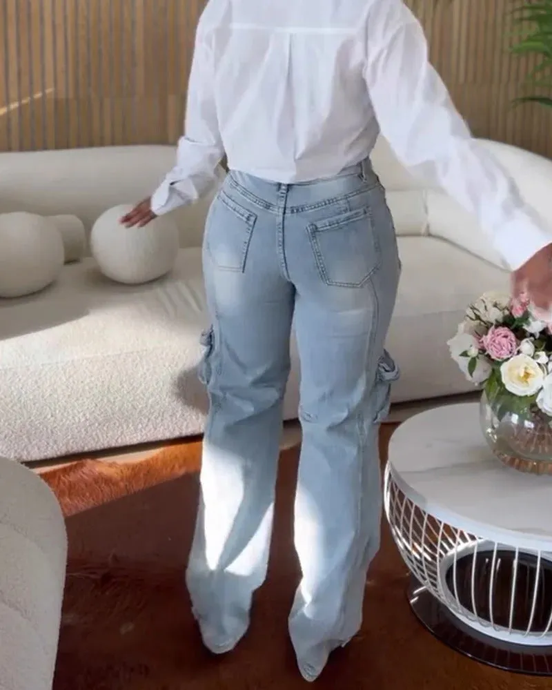 Glamorous Rhinestone Hollow-Out Wide-Leg Cargo Jeans