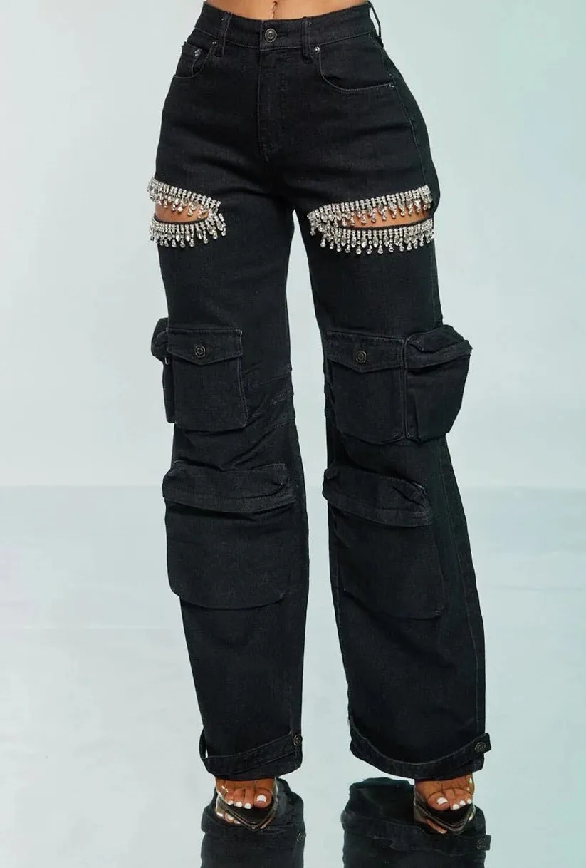 Glamorous Rhinestone Hollow-Out Wide-Leg Cargo Jeans