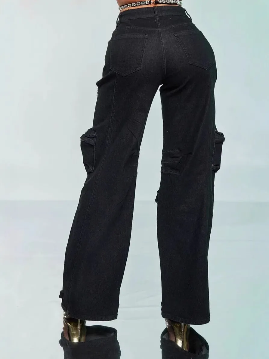 Glamorous Rhinestone Hollow-Out Wide-Leg Cargo Jeans