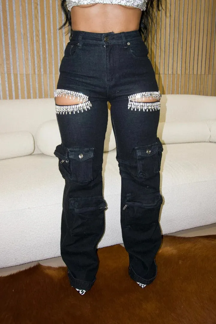 Glamorous Rhinestone Hollow-Out Wide-Leg Cargo Jeans