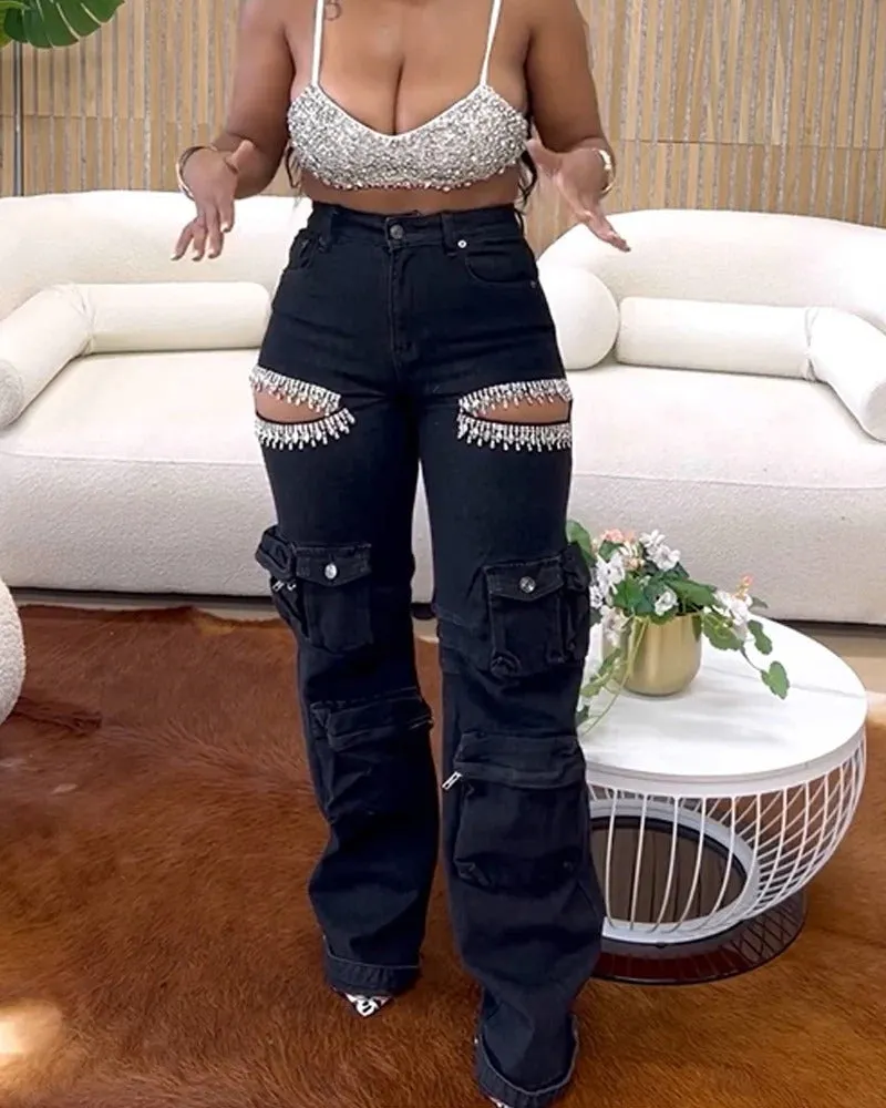 Glamorous Rhinestone Hollow-Out Wide-Leg Cargo Jeans