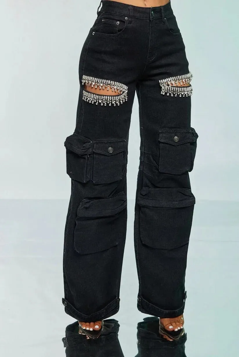 Glamorous Rhinestone Hollow-Out Wide-Leg Cargo Jeans