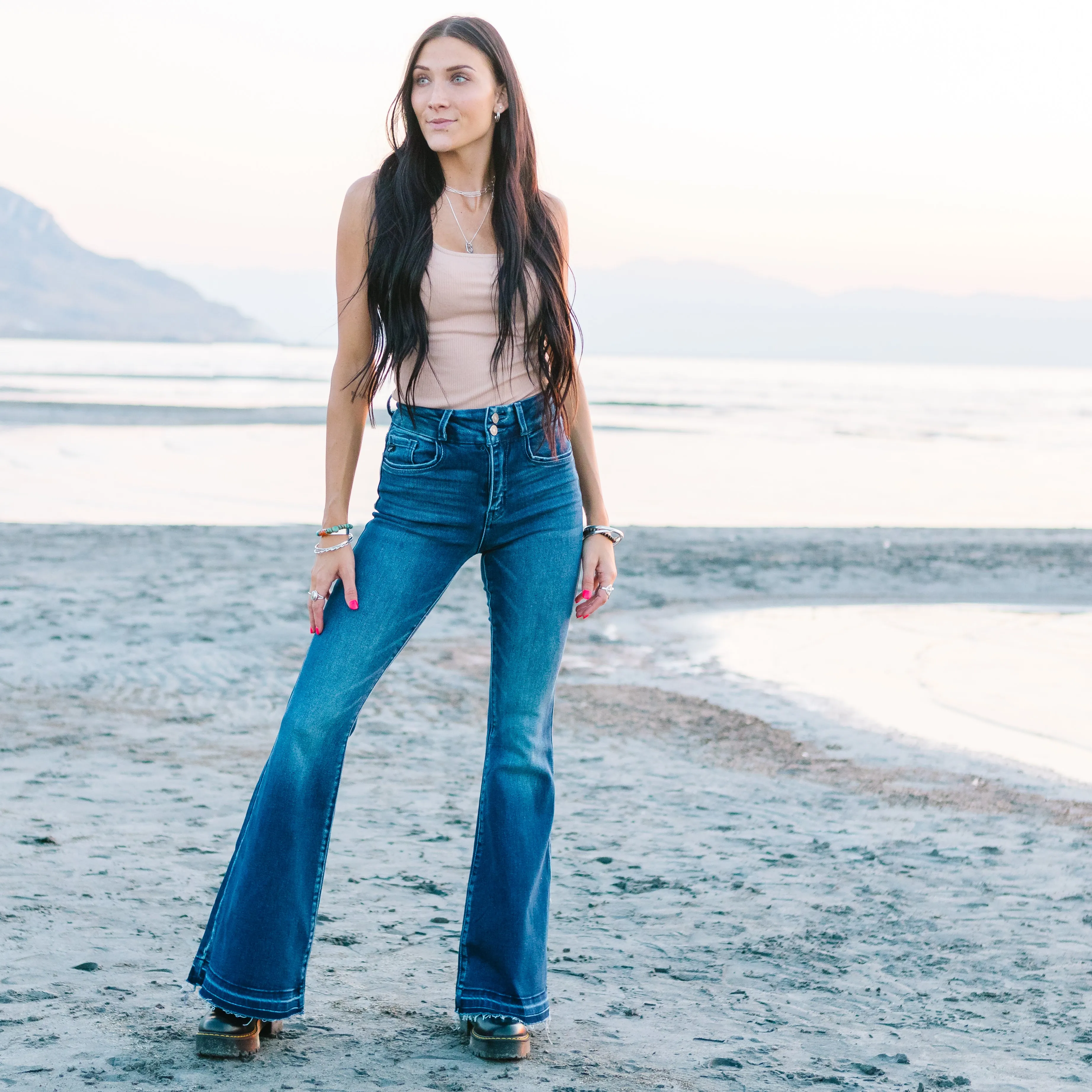 Gold Hollow Released Hem Flares by Kancan
