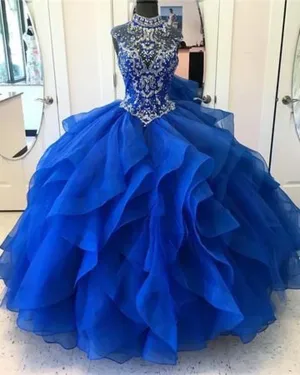 Gorgeous Royal Blue Quinceanera Dresses Beaded High-Neck Organza Ruffles Ball Gown Sweet 16 Dresses